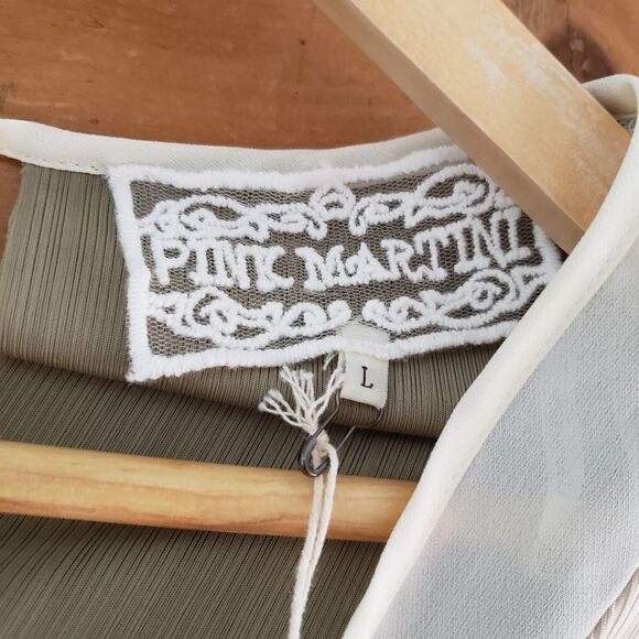 Pink Martini NWT Sleeveless Beige Green Asymmetrical Ribbed V-neck Top - Picture 13 of 15